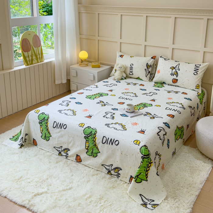 91家纺网 家纺一手货源 找家纺 金丝鸟家纺 2024新款全棉小清新印花单床单系列 抗浪恐龙