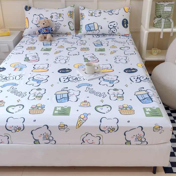 91家纺网 家纺一手货源 找家纺 金丝鸟家纺 2024新款全棉小清新印花单床笠系列 快乐小熊