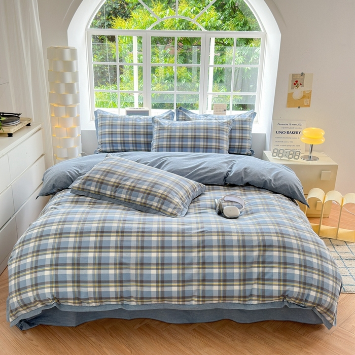 91家纺网 家纺一手货源 找家纺 宜家坊 2024新款全棉色织水洗棉宽边断角四件套 幸福恋曲-蓝