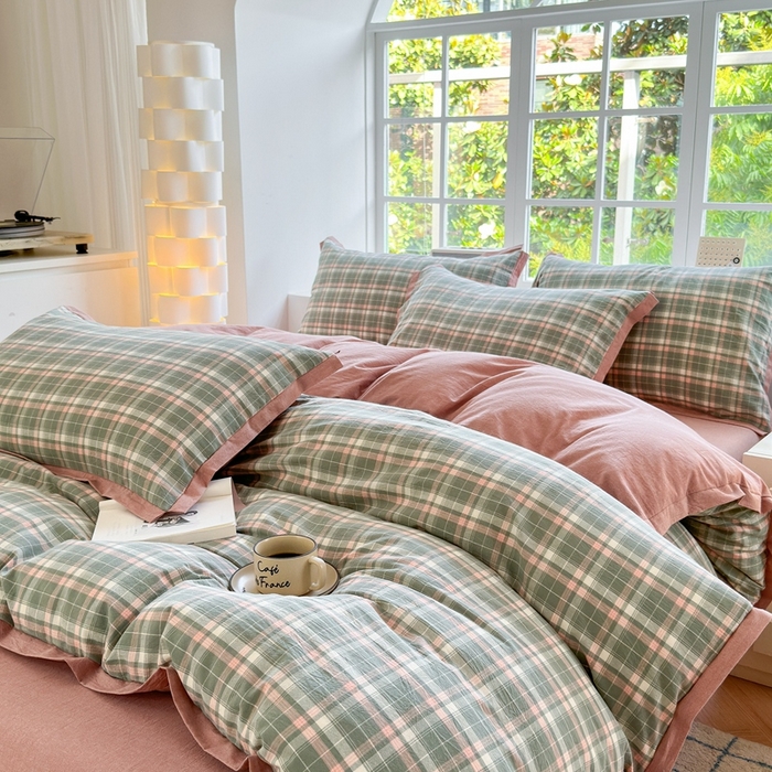 91家纺网 家纺一手货源 找家纺 宜家坊 2024新款全棉色织水洗棉宽边断角四件套 小幸运-绿豆沙