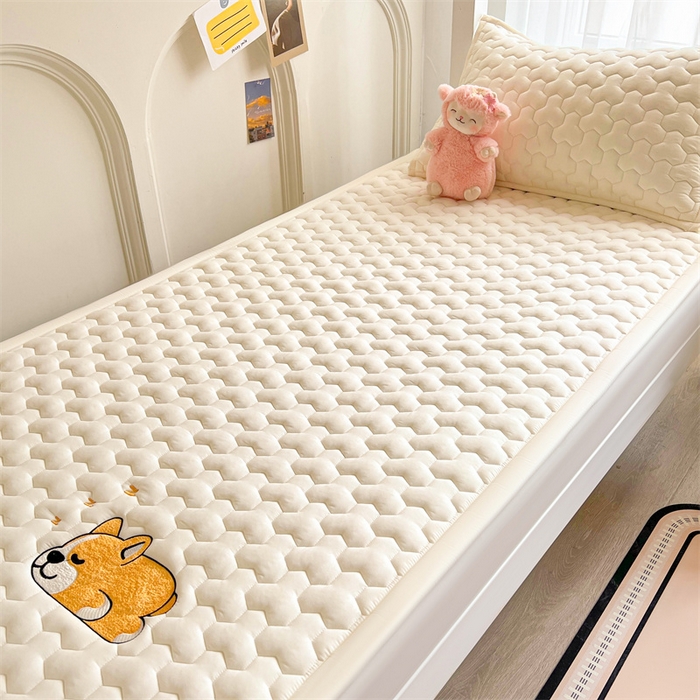 91家纺网 家纺一手货源 找家纺 雯豆家纺 2024新款学生上下铺纯色绣花床垫床褥宿舍单人床护垫-柯基 床褥款-柯基-皓月白