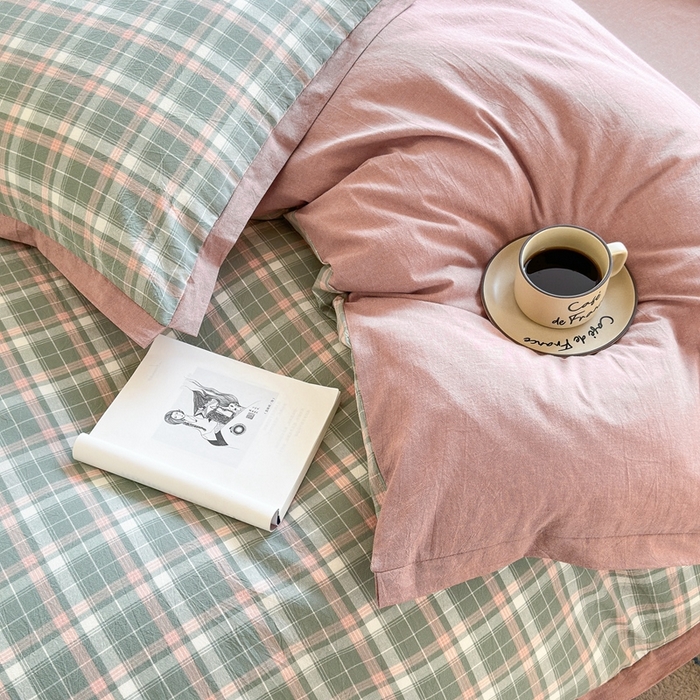 91家纺网 家纺一手货源 找家纺 宜家坊 2024新款全棉色织水洗棉宽边断角四件套 小幸运-绿豆沙