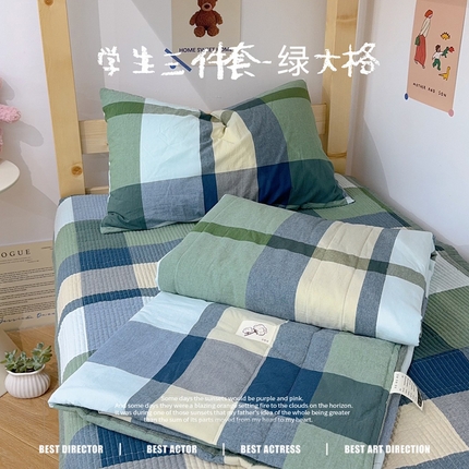 91家纺网 家纺一手货源 找家纺 2024新款学生三件套多功能被套 水洗棉床盖 砂洗床盖 床盖三件套 绿大格