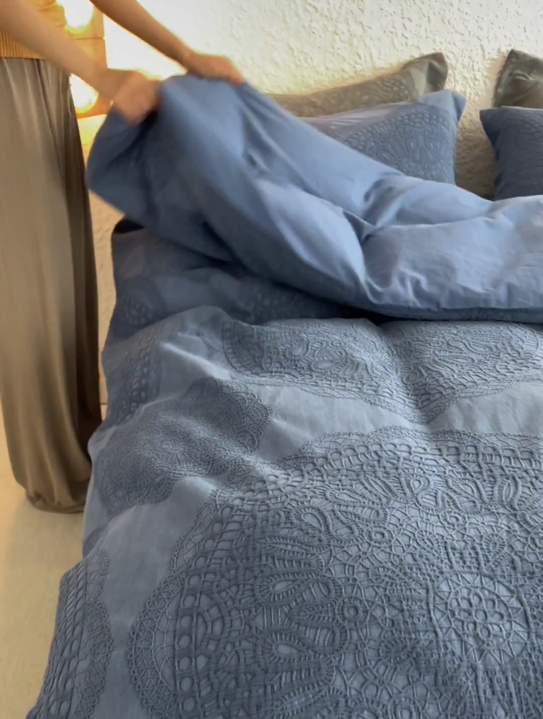 91家纺网 家纺一手货源 找家纺 安莱生活 2025新款棉麻纱洗大提花四件套--梦露系列 梦露-深蓝