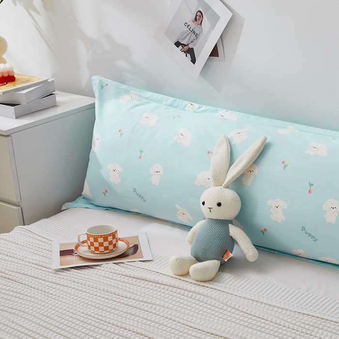 91家纺网 家纺一手货源 找家纺 翎盈家纺 2024新款纯棉小清新印花双人枕套 小萌狗