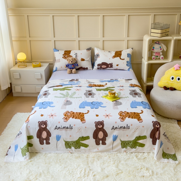 91家纺网 家纺一手货源 找家纺 金丝鸟家纺 2024新款全棉小清新印花单床单系列 奇妙动物园