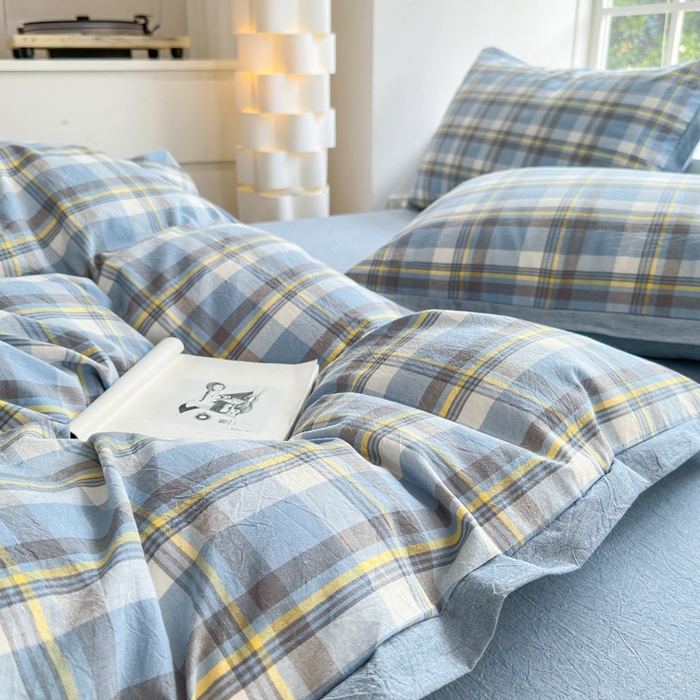 91家纺网 家纺一手货源 找家纺 宜家坊 2024新款全棉色织水洗棉宽边断角四件套 幸福恋曲-蓝