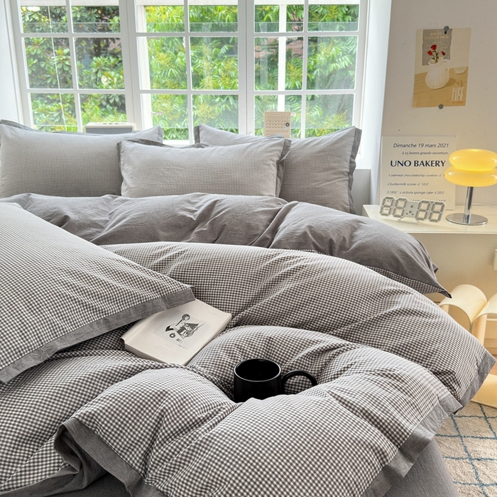 91家纺网 家纺一手货源 找家纺 宜家坊 2024新款全棉色织水洗棉宽边断角四件套 爱的邂逅-灰