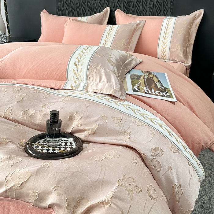 91家纺网 家纺一手货源 找家纺 梦舒羽 2025新款加厚水洗棉浮雕刺绣四件套学生套件 莫奈花园-豆沙