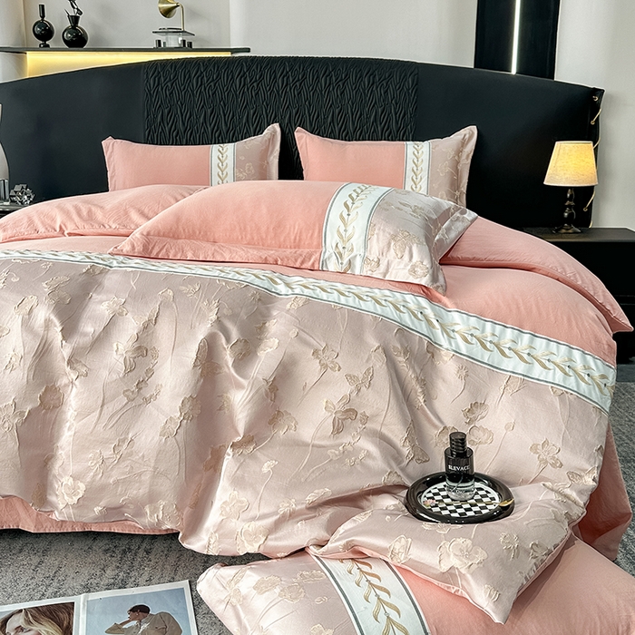 91家纺网 家纺一手货源 找家纺 梦舒羽 2025新款加厚水洗棉浮雕刺绣四件套学生套件 莫奈花园-豆沙