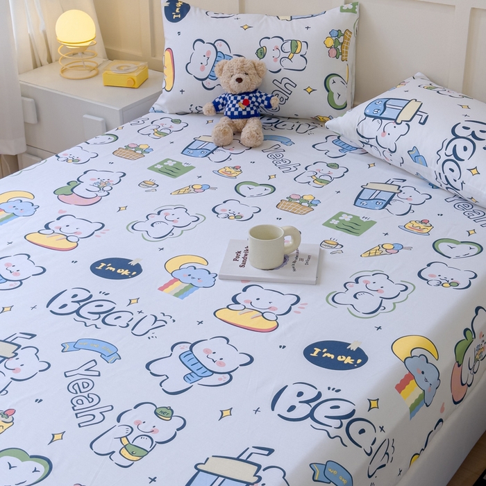 91家纺网 家纺一手货源 找家纺 金丝鸟家纺 2024新款全棉小清新印花单床笠系列 快乐小熊