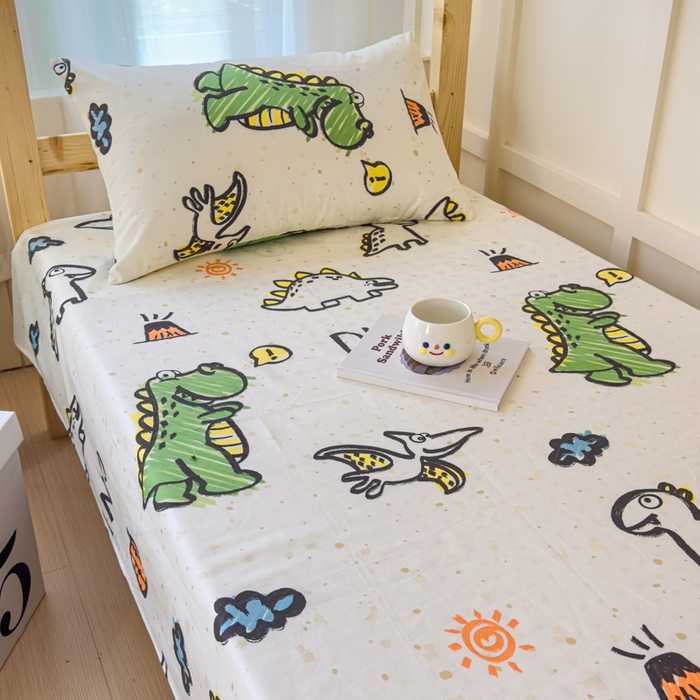 91家纺网 家纺一手货源 找家纺 金丝鸟家纺 2024新款全棉小清新印花单床单系列（学生床） 抗浪恐龙