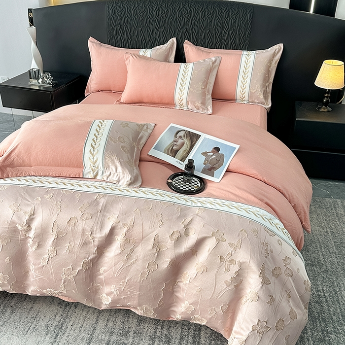 91家纺网 家纺一手货源 找家纺 梦舒羽 2025新款加厚水洗棉浮雕刺绣四件套学生套件 莫奈花园-豆沙