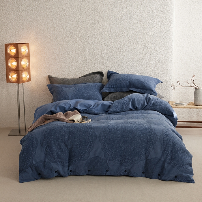 91家纺网 家纺一手货源 找家纺 安莱生活 2025新款棉麻纱洗大提花四件套--梦露系列 梦露-深蓝