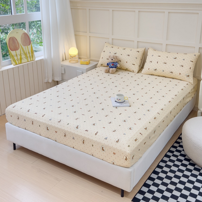 91家纺网 家纺一手货源 找家纺 金丝鸟家纺 2024新款全棉小清新印花单床笠系列 美美熊