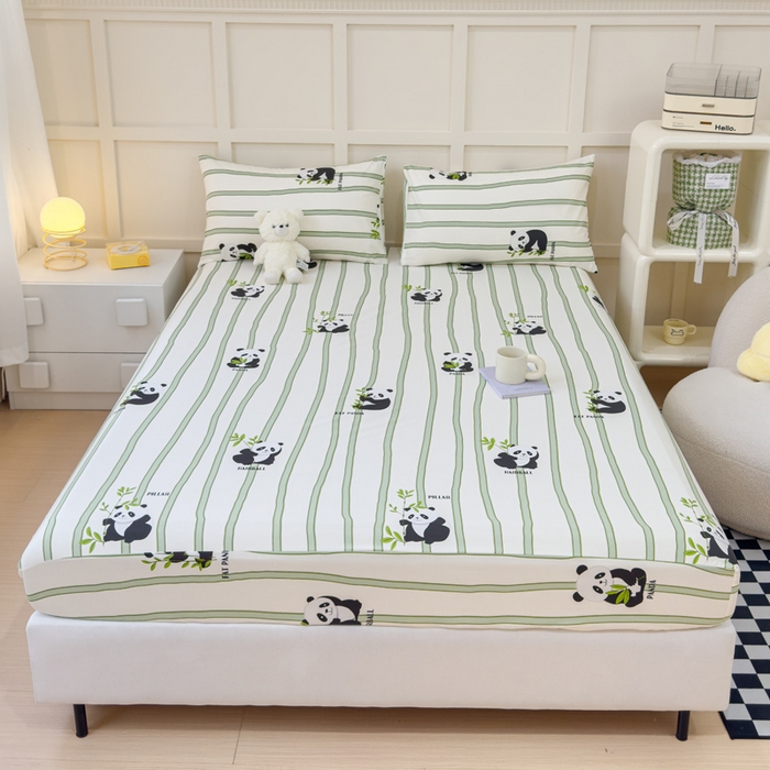 91家纺网 家纺一手货源 找家纺 金丝鸟家纺 2024新款全棉小清新印花单床笠系列 竹林团子