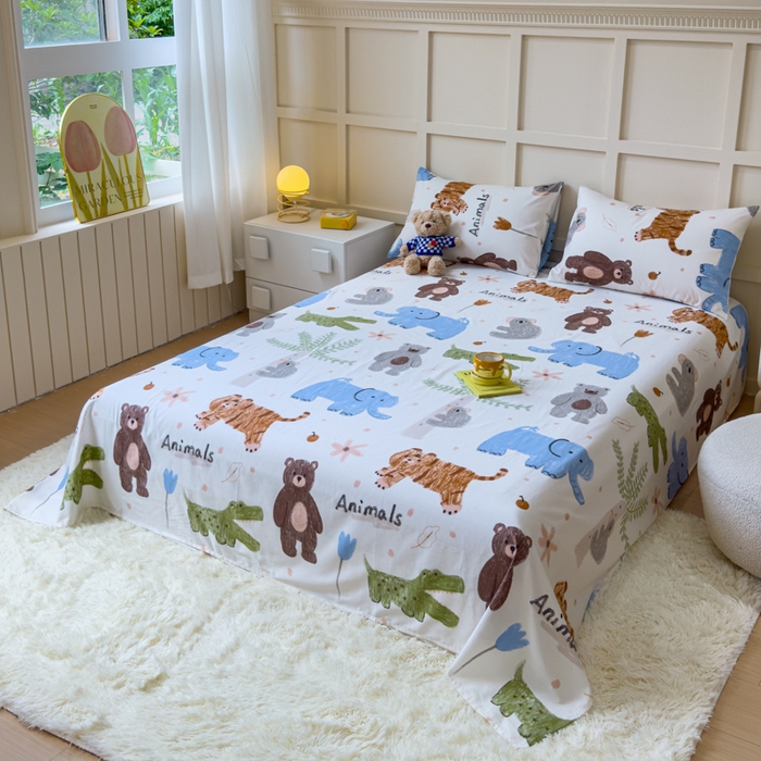 91家纺网 家纺一手货源 找家纺 金丝鸟家纺 2024新款全棉小清新印花单床单系列 奇妙动物园