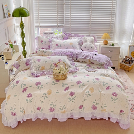 91家纺网 家纺一手货源 找家纺 （总）艺玲家纺 2024新款A类韩版水洗棉云朵棉花边四件套