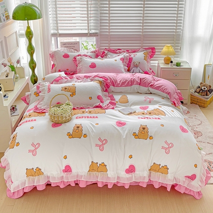 91家纺网 家纺一手货源 找家纺 （总）艺玲家纺 2024新款A类韩版水洗棉云朵棉花边四件套