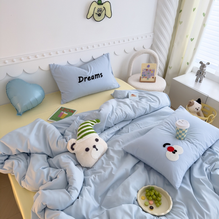 91家纺网 家纺一手货源 找家纺 曼谷家纺 新款软糯糯个性毛巾绣四件套磨毛床上用品水洗棉三件套件 马戏团-蓝芝士