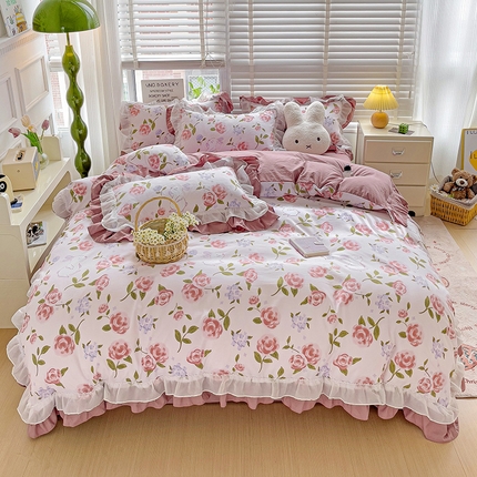 91家纺网 家纺一手货源 找家纺 （总）艺玲家纺 2024新款A类韩版水洗棉云朵棉花边四件套