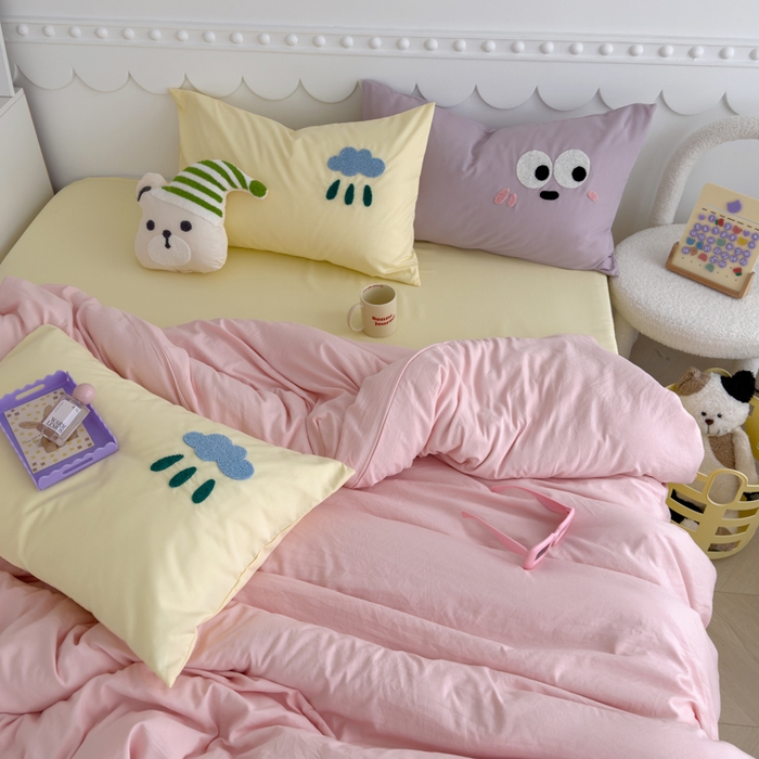 91家纺网 家纺一手货源 找家纺 曼谷家纺 新款软糯糯个性毛巾绣四件套磨毛床上用品水洗棉三件套件 棉花糖-粉芝士