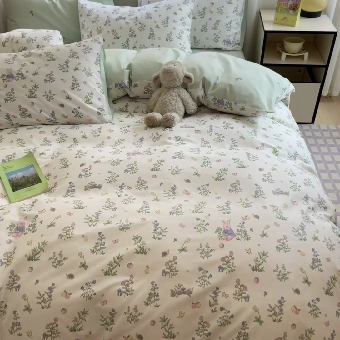 91家纺网 家纺一手货源 找家纺 晨希家居 2024新款全棉小清新印花四件套-系列二 花语兔