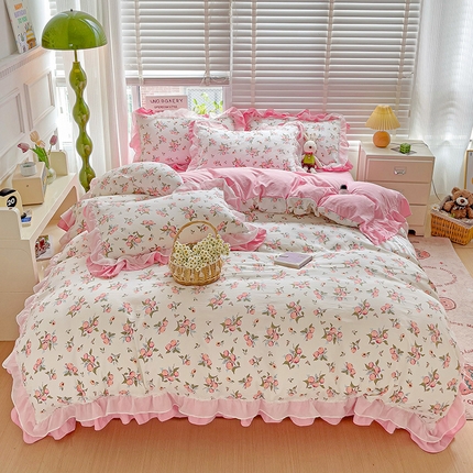 91家纺网 家纺一手货源 找家纺 （总）艺玲家纺 2024新款A类韩版水洗棉云朵棉花边四件套