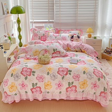 91家纺网 家纺一手货源 找家纺 （总）艺玲家纺 2024新款A类韩版水洗棉云朵棉花边四件套