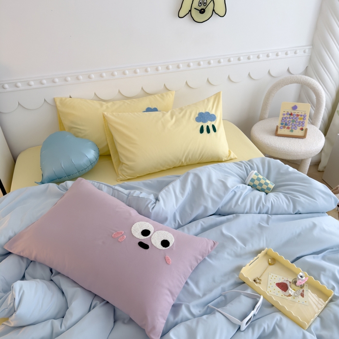 91家纺网 家纺一手货源 找家纺 曼谷家纺 新款软糯糯个性毛巾绣四件套磨毛床上用品水洗棉三件套件 棉花糖-蓝芝士