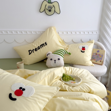 曼谷家纺 新款软糯糯个性毛巾绣四件套磨毛床上用品水洗棉三件套件 马戏团-芝士绿