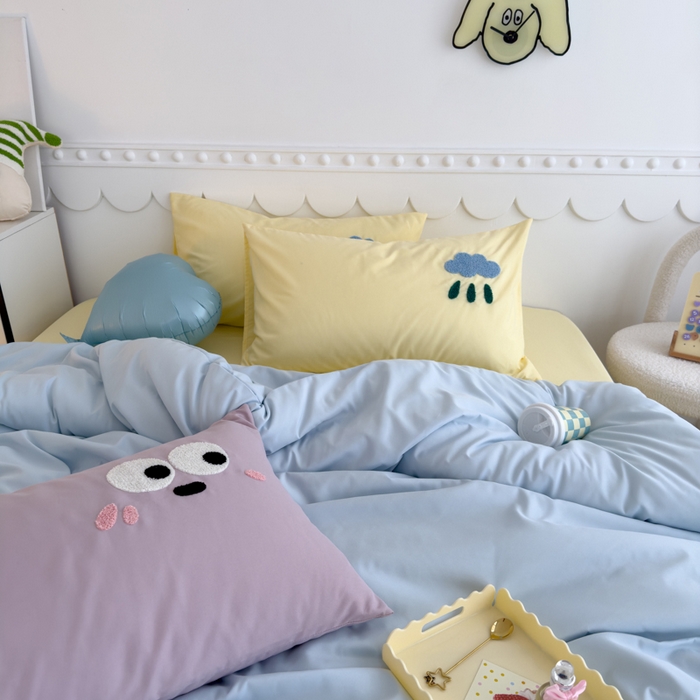 91家纺网 家纺一手货源 找家纺 曼谷家纺 新款软糯糯个性毛巾绣四件套磨毛床上用品水洗棉三件套件 棉花糖-蓝芝士