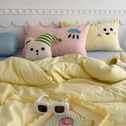 曼谷家纺 新款软糯糯个性毛巾绣四件套磨毛床上用品水洗棉三件套件 棉花糖-芝士蓝