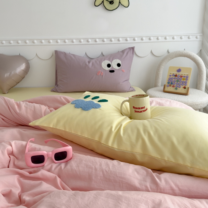 91家纺网 家纺一手货源 找家纺 曼谷家纺 新款软糯糯个性毛巾绣四件套磨毛床上用品水洗棉三件套件 棉花糖-粉芝士