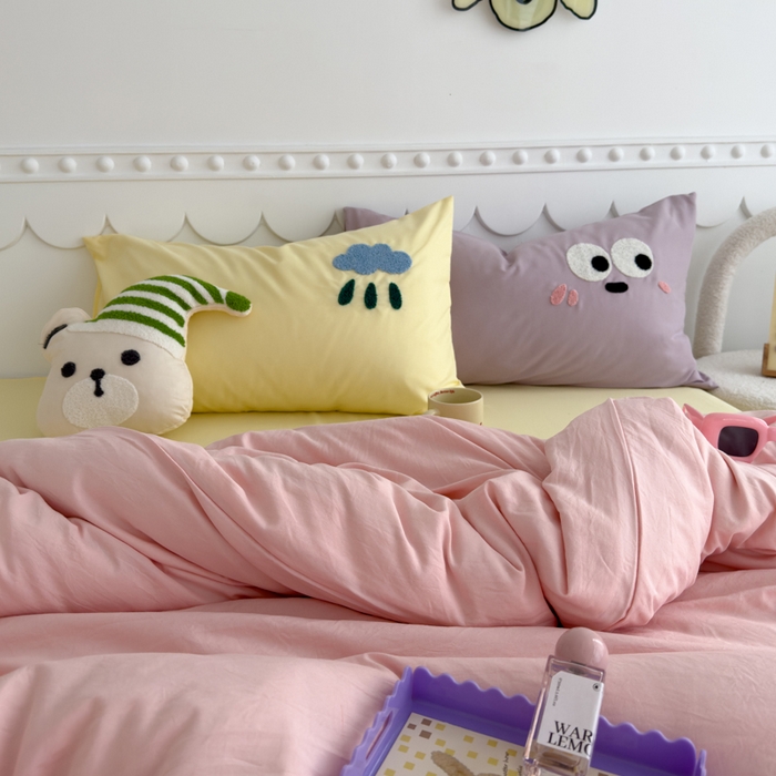 91家纺网 家纺一手货源 找家纺 曼谷家纺 新款软糯糯个性毛巾绣四件套磨毛床上用品水洗棉三件套件 棉花糖-粉芝士