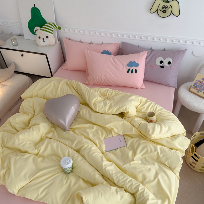 91家纺网 家纺一手货源 找家纺 曼谷家纺 新款软糯糯个性毛巾绣四件套磨毛床上用品水洗棉三件套件 棉花糖-芝士粉