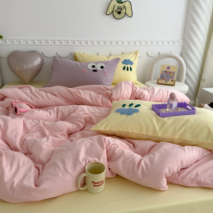 91家纺网 家纺一手货源 找家纺 曼谷家纺 新款软糯糯个性毛巾绣四件套磨毛床上用品水洗棉三件套件 棉花糖-粉芝士