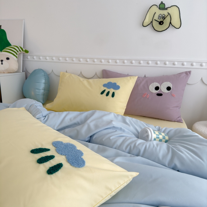 91家纺网 家纺一手货源 找家纺 曼谷家纺 新款软糯糯个性毛巾绣四件套磨毛床上用品水洗棉三件套件 棉花糖-蓝芝士