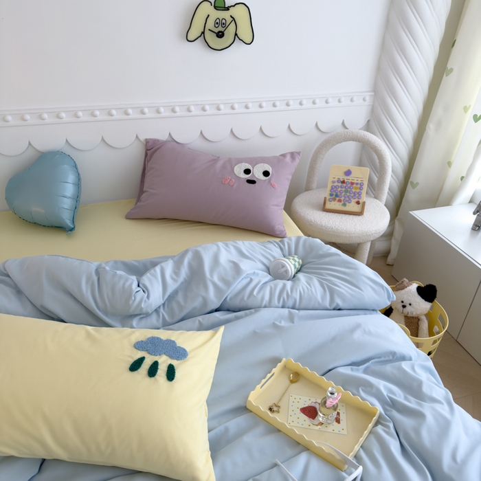 91家纺网 家纺一手货源 找家纺 曼谷家纺 新款软糯糯个性毛巾绣四件套磨毛床上用品水洗棉三件套件 棉花糖-蓝芝士