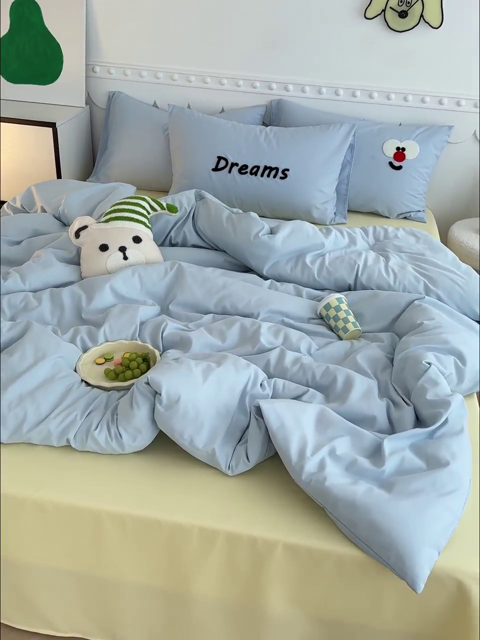 91家纺网 家纺一手货源 找家纺 曼谷家纺 新款软糯糯个性毛巾绣四件套磨毛床上用品水洗棉三件套件 马戏团-蓝芝士