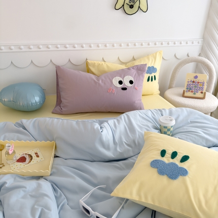 曼谷家纺 新款软糯糯个性毛巾绣四件套磨毛床上用品水洗棉三件套件 棉花糖-蓝芝士