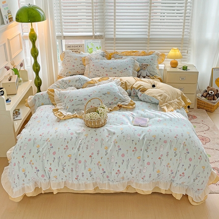 91家纺网 家纺一手货源 找家纺 （总）艺玲家纺 2024新款A类韩版水洗棉云朵棉花边四件套