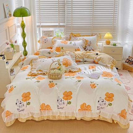 91家纺网 家纺一手货源 找家纺 （总）艺玲家纺 2024新款A类韩版水洗棉云朵棉花边四件套