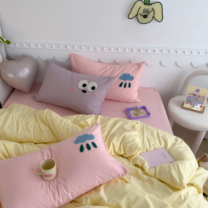 91家纺网 家纺一手货源 找家纺 曼谷家纺 新款软糯糯个性毛巾绣四件套磨毛床上用品水洗棉三件套件 棉花糖-芝士粉