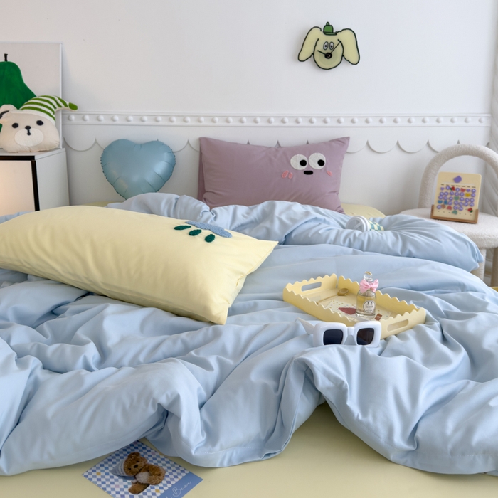 91家纺网 家纺一手货源 找家纺 曼谷家纺 新款软糯糯个性毛巾绣四件套磨毛床上用品水洗棉三件套件 棉花糖-蓝芝士