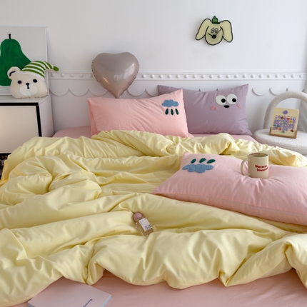 曼谷家纺 新款软糯糯个性毛巾绣四件套磨毛床上用品水洗棉三件套件 棉花糖-芝士粉