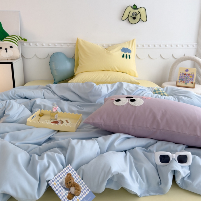 91家纺网 家纺一手货源 找家纺 曼谷家纺 新款软糯糯个性毛巾绣四件套磨毛床上用品水洗棉三件套件 棉花糖-蓝芝士