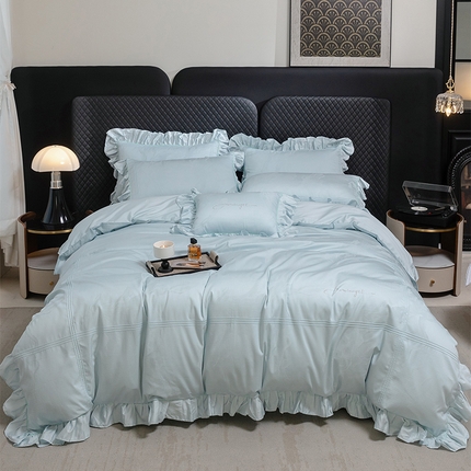 91家纺网 家纺一手货源 找家纺 佳汐蓝家纺 2024新款洛丽塔系列丝棉提花四件套 洛丽塔浅蓝