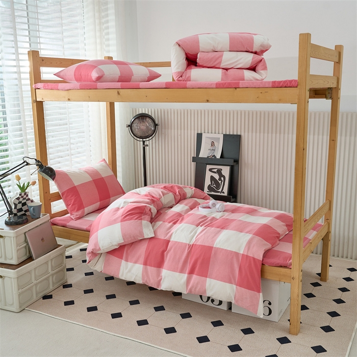 91家纺网 家纺一手货源 找家纺 三沁 2024新款全棉色织水洗棉开学季学生六件套 粉白大格