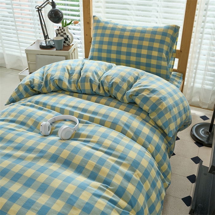 91家纺网 家纺一手货源 找家纺 三沁 2024新款全棉色织水洗棉开学季学生六件套 浅绿黄中格